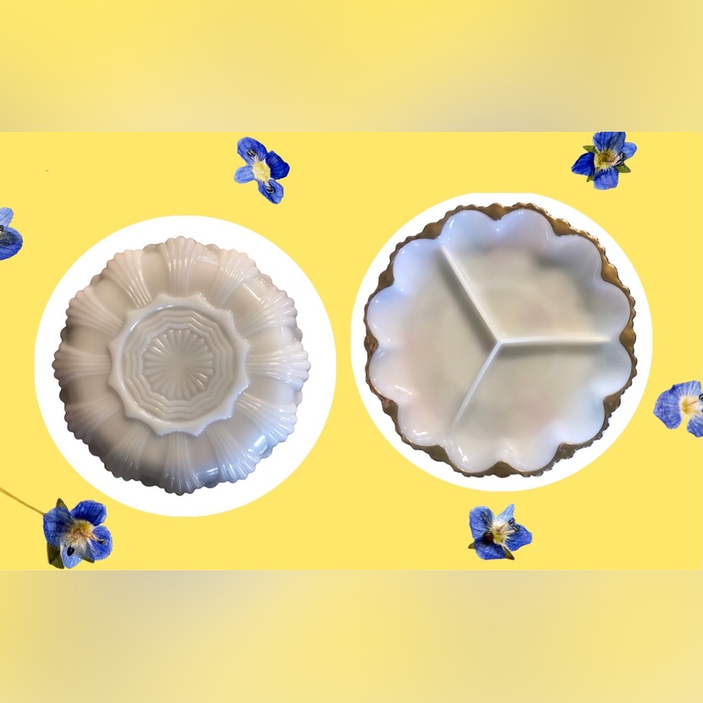 Vintage Anchor Hocking Fire King Milk Glass Gold Trim Divided Relish Dish White - Picture 14 of 14